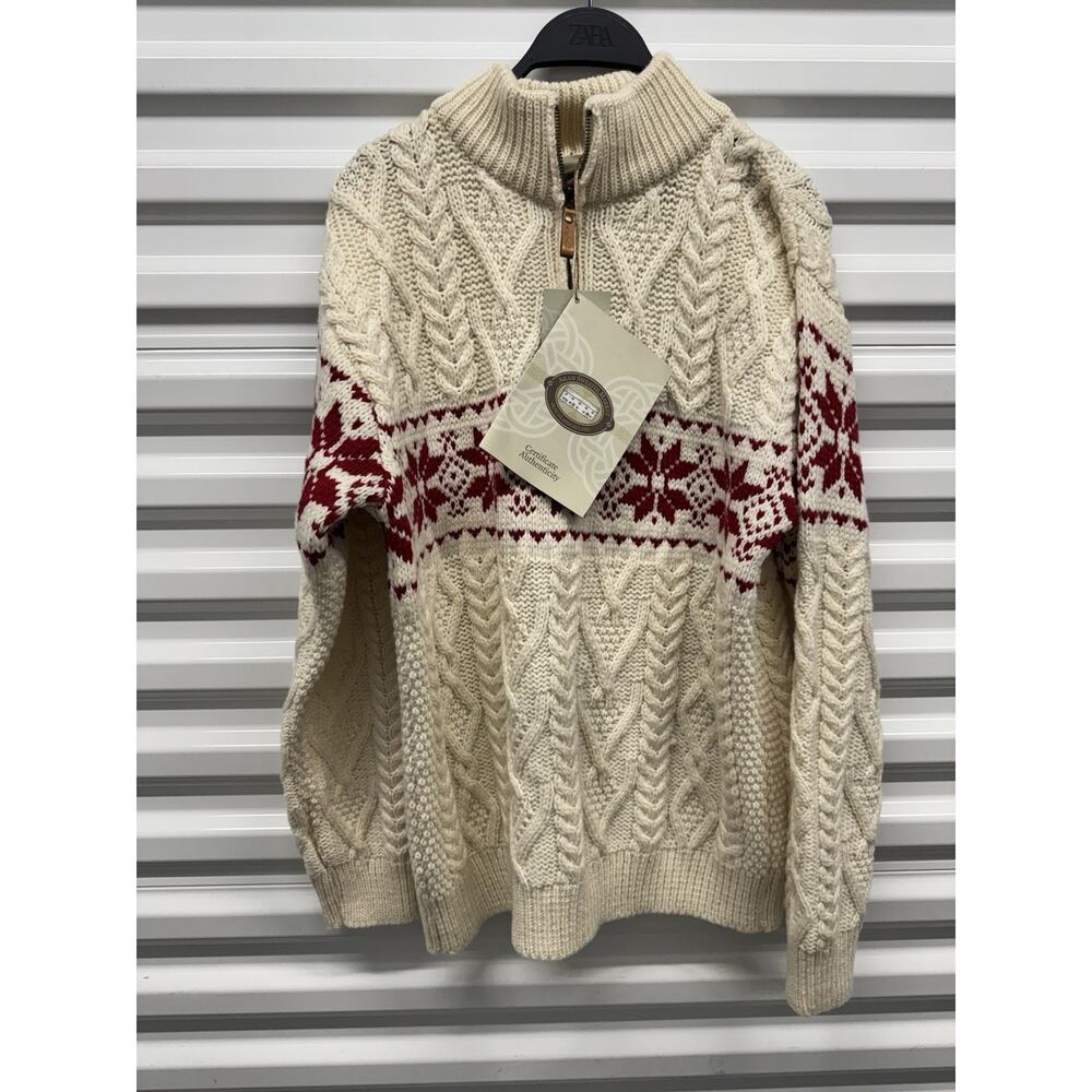 Aran Sweater Market Medium Beige Chunky Merino Fishermans Wool Fair Isle Zip NWT